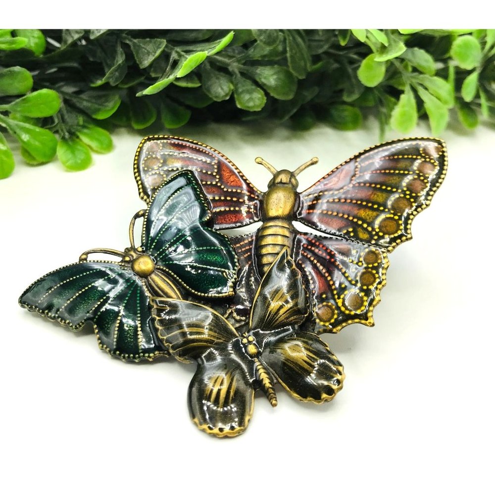 Brooch cluster of three butterflies enamel antique finish - Picture 2 of 5